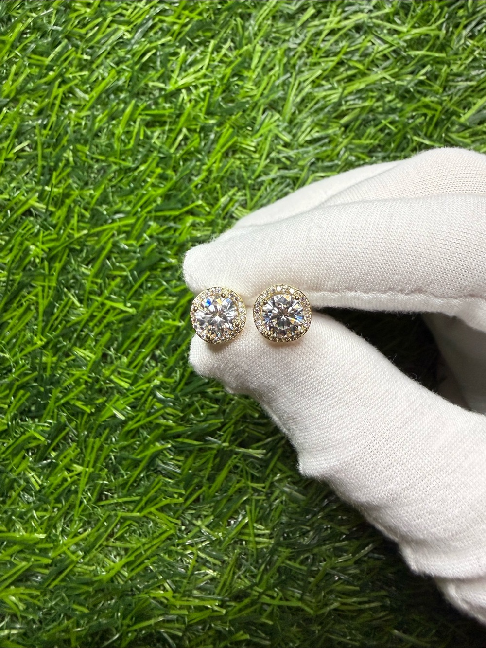 Gold Halo Round Cubic VVS1 Moissanite Stud Earrings - Women/Mens Jewelry
